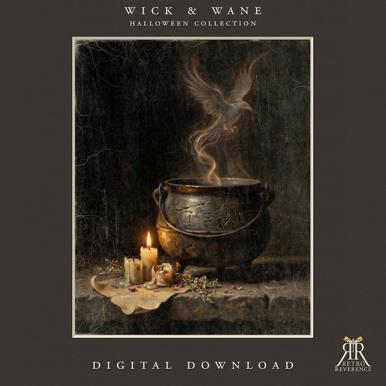 May include: A digital download print titled WICK & WANE HALLOWEEN COLLECTION featuring a dark, textured scene of a cast iron cauldron with etched symbols. A ghostly bird rises from the pot in smoke, accompanied by two lit candles on parchment paper.