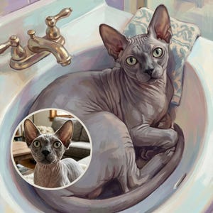 Funny Bathroom Canvas Wall Art, Cat in Sink Art Print, Personalized Cat Portrait from Photo, Whimsical Cat Art, Retro Powder Room Decor