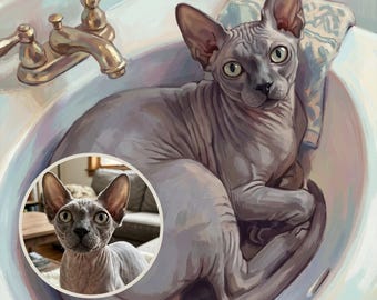 Funny Bathroom Canvas Wall Art, Cat in Sink Art Print, Personalized Cat Portrait from Photo, Bathroom Artwork, Retro Powder Room Decor