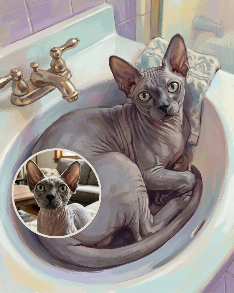 Funny Bathroom Canvas Wall Art, Cat in Sink Art Print, Personalized Cat Portrait from Photo, Whimsical Cat Art, Retro Powder Room Decor