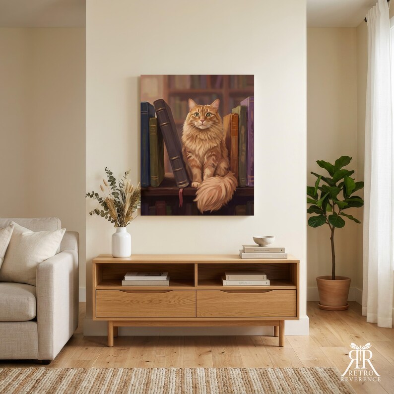 May include: A rectangular wall art print featuring a fluffy orange tabby cat sitting upright among a row of tall, colorful hardcover books on a shelf. The cat has long fur, alert ears, and a bushy tail, positioned centrally against a library background.