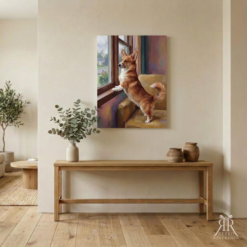 May include: A rectangular wall art print featuring an oil painting of a tan and white Corgi dog standing on its hind legs on a yellow armchair, looking out of a window. The dog has pointed ears, a fluffy tail, and is positioned in profile.