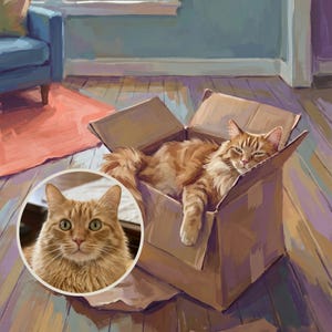 Custom Cat Canvas Wall Art, Cat in a Box Art Print, Personalized Cat Portrait from Photo, Whimsical Cat Art
