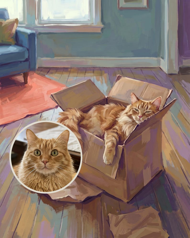 Custom Cat Canvas Wall Art, Cat in a Box Art Print, Personalized Cat Portrait from Photo, Whimsical Cat Art