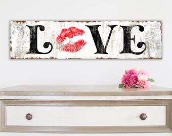 Modern Farmhouse Wall Decor Love Sign with Lip Kiss Smooch French Country Shabby Valentines Day Decoration Industrial Vintage Romantic Art