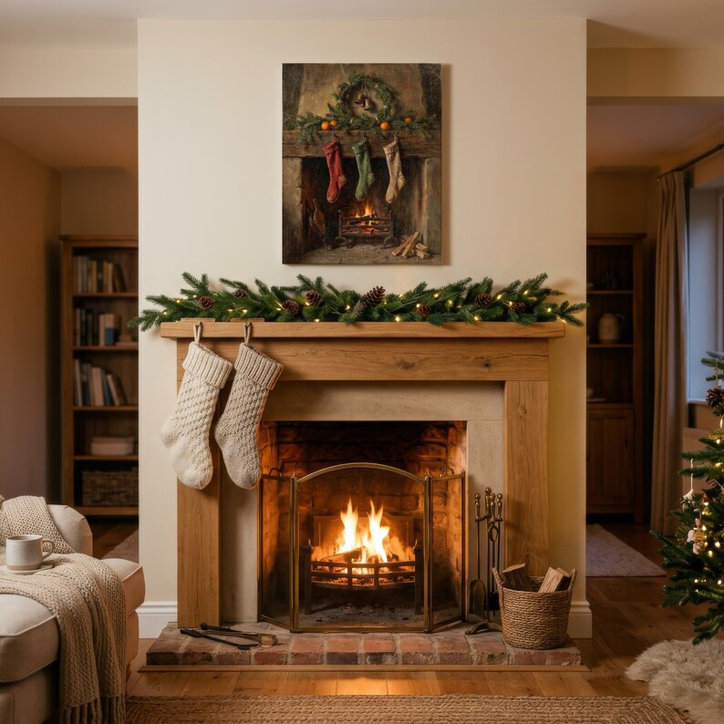 Christmas Stockings and Fireplace Wall Art, Vintage Style Holiday Decor, Rustic Wall Art, Winter Illustration, Art Print or Canvas image 3