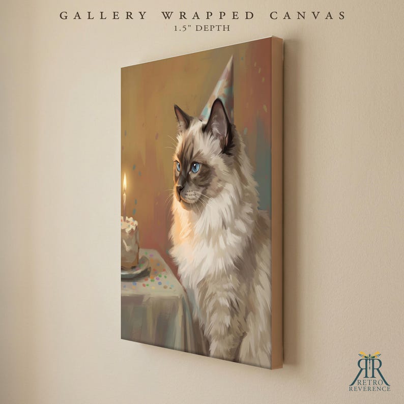 May include: A gallery wrapped canvas with a 1.5 inch depth featuring a painting of a fluffy cat with blue eyes wearing a party hat. The cat sits beside a small cake with a lit candle on a table. The text reads GALLERY WRAPPED CANVAS.