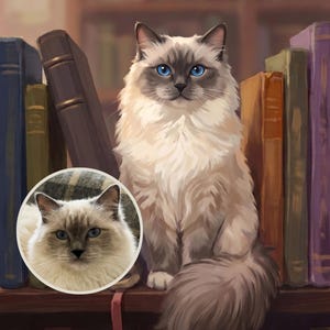 Custom Cat Portrait from Photo, Cat and Books Wall Art, Dark Academia Cat Art, Library Wall Art Digital Download