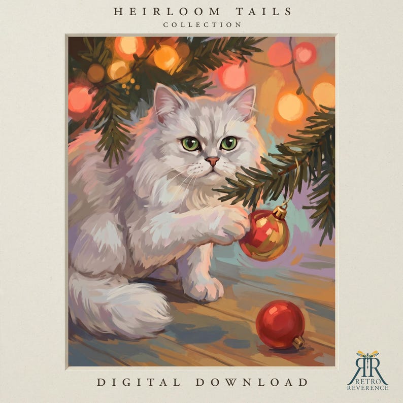 May include: A digital illustration titled Heirloom Tails Collection featuring a fluffy white cat with green eyes playing with a red and gold Christmas ornament hanging from a pine branch. Warm glowing lights are visible in the background.