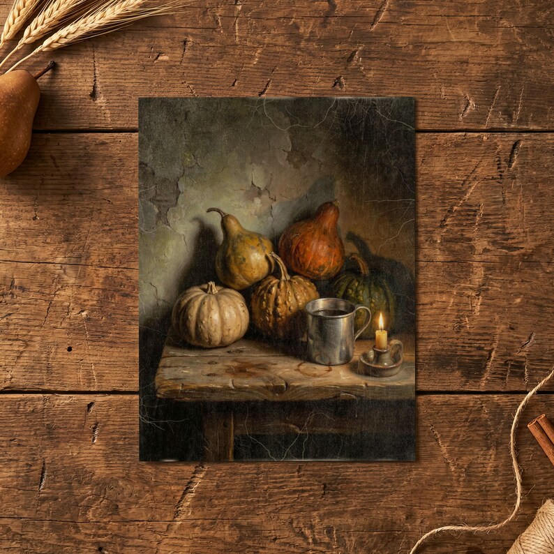Autumn Gourds Wall Art, Vintage Style Thanksgiving Decor, Fall Still Life, Dining Room Artwork, Harvest Decor, Art Print or Canvas image 6