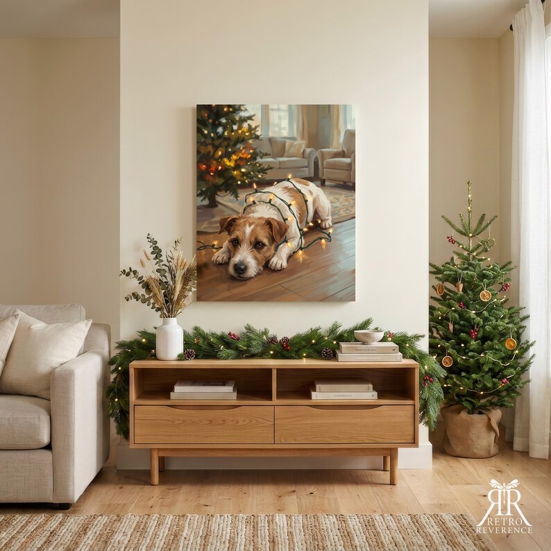 May include: A rectangular wall art print featuring a brown and white Jack Russell Terrier lying on a wooden floor, wrapped in glowing string lights, with a Christmas tree in the background. The print is displayed above a wooden media console.