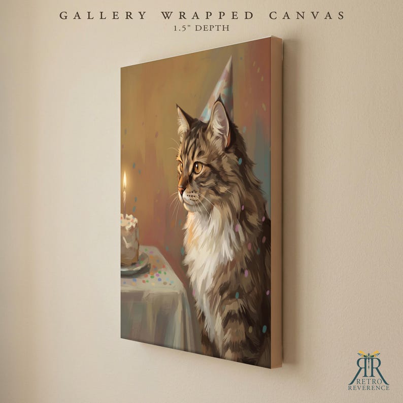May include: A gallery wrapped canvas with a 1.5 inch depth featuring a brown tabby cat wearing a party hat. The cat sits near a table with a small cake and a lit candle. The background is a warm, muted tone with scattered colorful confetti.