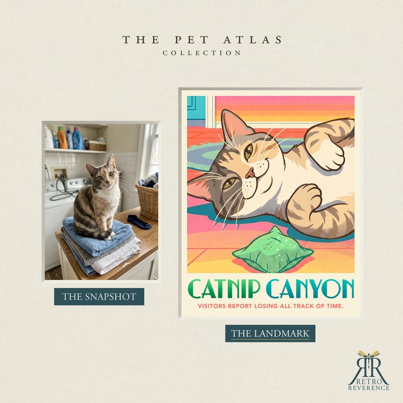 May include: A poster titled The Pet Atlas Collection featuring a photograph of a calico cat sitting on folded towels labeled The Snapshot and a stylized illustration of a cat lying near a green toy labeled Catnip Canyon, Visitors report losing all track of time.