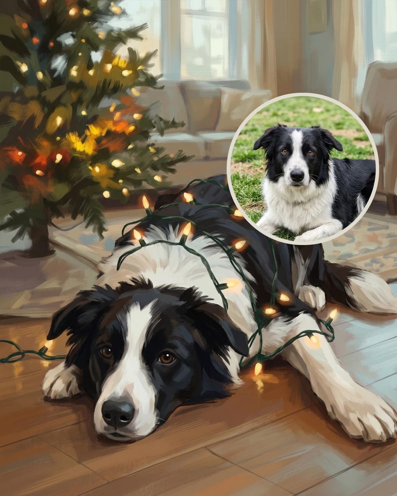 Funny Dog Canvas Wall Art, Christmas Dog Wall Art Print, Personalized Dog Portrait from Photo, Dog Tangled in Christmas Lights