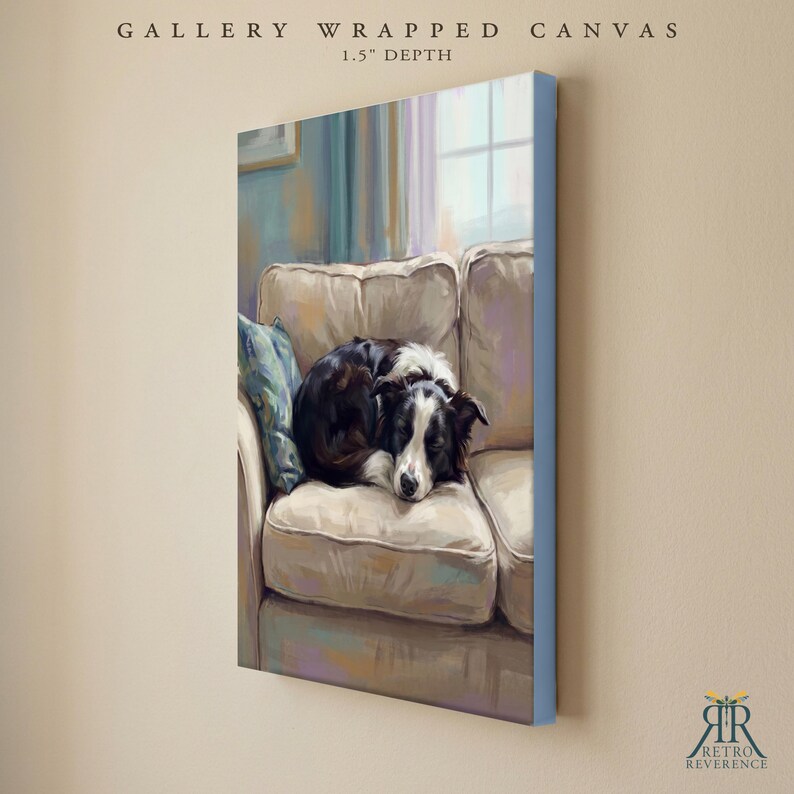 May include: A gallery wrapped canvas with a 1.5 inch depth featuring a painting of a black and white dog curled up on a beige sofa. The scene includes a blue patterned pillow and a window in the background. The text reads GALLERY WRAPPED CANVAS.