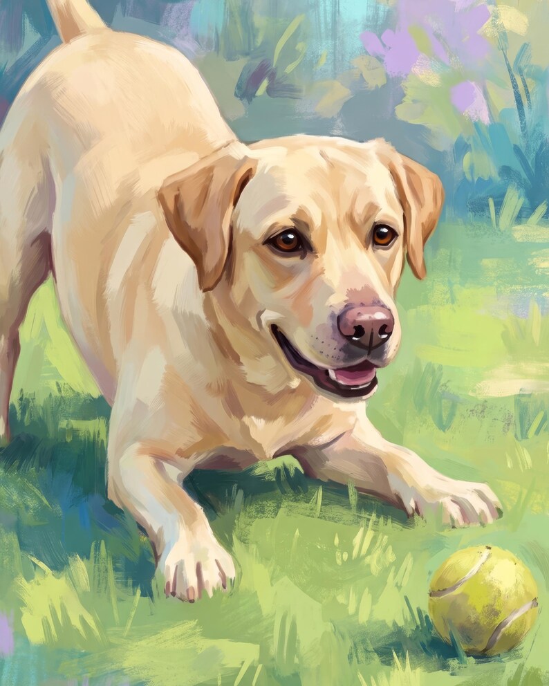 Personalized Dog Portrait from Photo, Dog with Tennis Ball Art, Dog in Garden Wall Art, Dog Illustration, Digital Prints, Spring Wall Art imagen 2