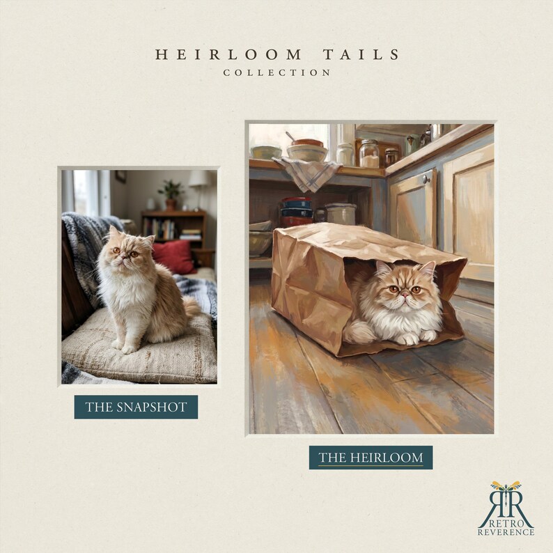 May include: A side-by-side display titled HEIRLOOM TAILS COLLECTION featuring a photograph labeled THE SNAPSHOT of a fluffy ginger and white cat on a cushion, and a painting labeled THE HEIRLOOM of the same cat inside a brown paper bag.