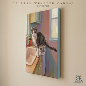 May include: A gallery wrapped canvas with a 1.5 inch depth featuring a painting of a grey and white tabby cat standing on a kitchen counter next to a sink and a small potted plant. The scene is set in a room with a window and soft lighting.