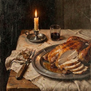 Turkey Dinner Art Print, Moody Vintage Thanksgiving Wall Decor, Carved Roast by Candlelight, Instant Digital Download