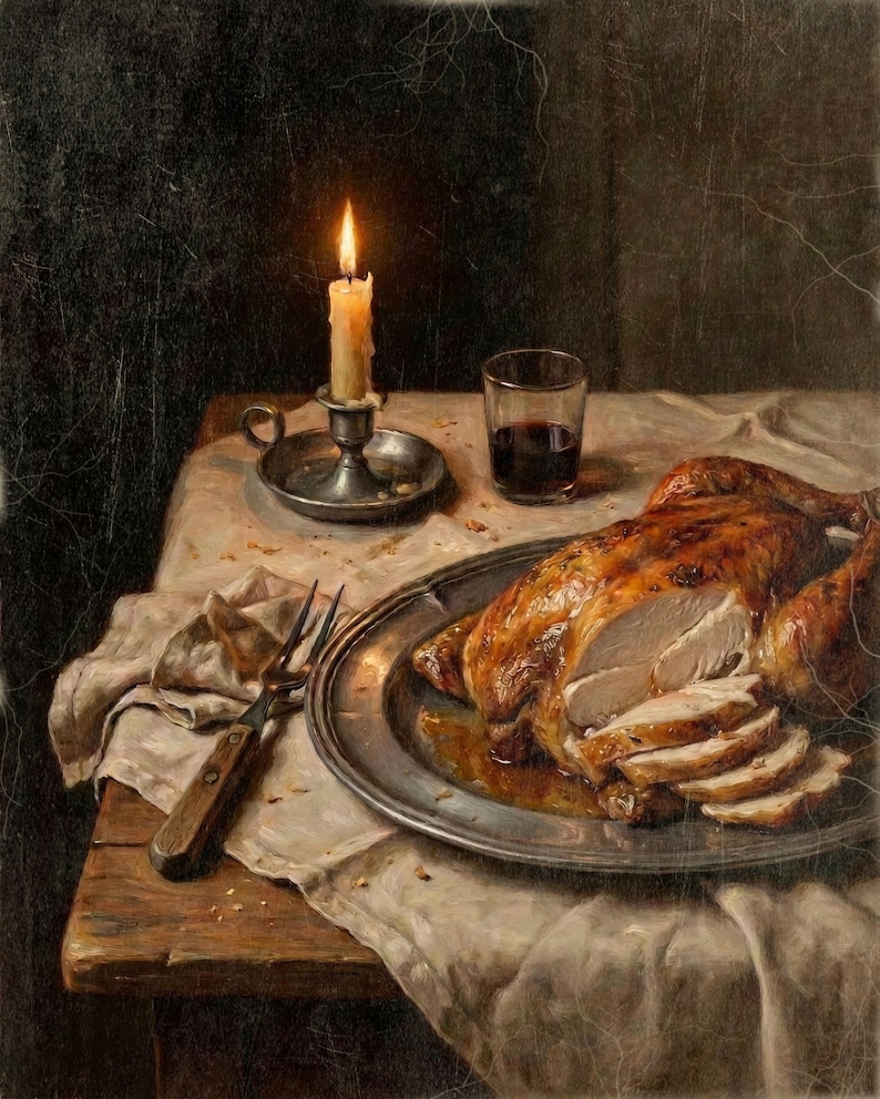 Turkey Dinner Art Print, Moody Vintage Thanksgiving Wall Decor, Carved Roast by Candlelight, Instant Digital Download