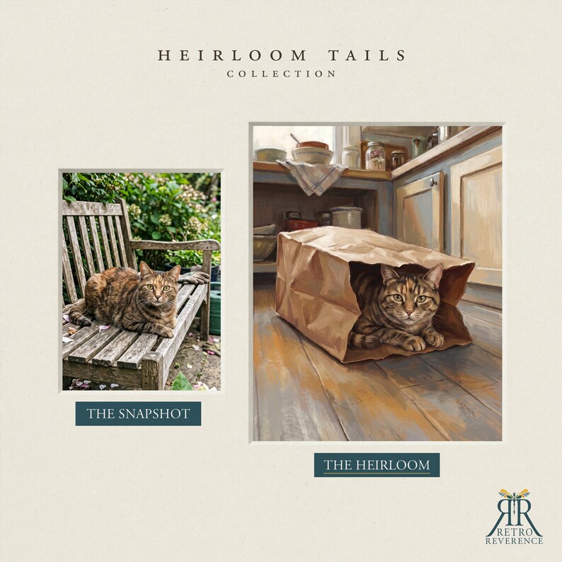 May include: A display titled HEIRLOOM TAILS COLLECTION featuring two images of a tabby cat. The left image, THE SNAPSHOT, shows the cat on a wooden bench. The right image, THE HEIRLOOM, is a painting of the cat inside a brown paper bag.
