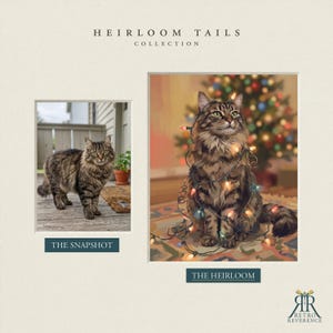 May include: A custom pet portrait service display titled HEIRLOOM TAILS COLLECTION. It features a side-by-side comparison of a brown tabby cat in a photograph labeled THE SNAPSHOT and an artistic illustration labeled THE HEIRLOOM.