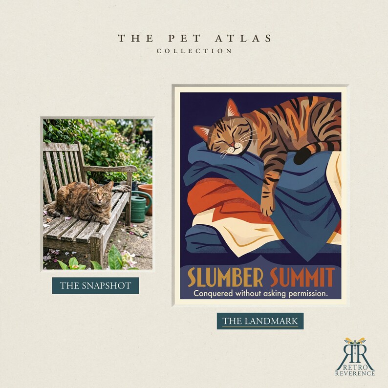May include: A print titled The Pet Atlas Collection featuring a photograph of a tabby cat on a wooden bench labeled The Snapshot and an illustration of a cat sleeping on a pile of blankets labeled The Landmark, Slumber Summit, Conquered without asking permission.