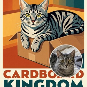 Snug Personalized Cat Portrait from Your Photo, Cardboard Box Vintage Travel Poster Art Digital Download