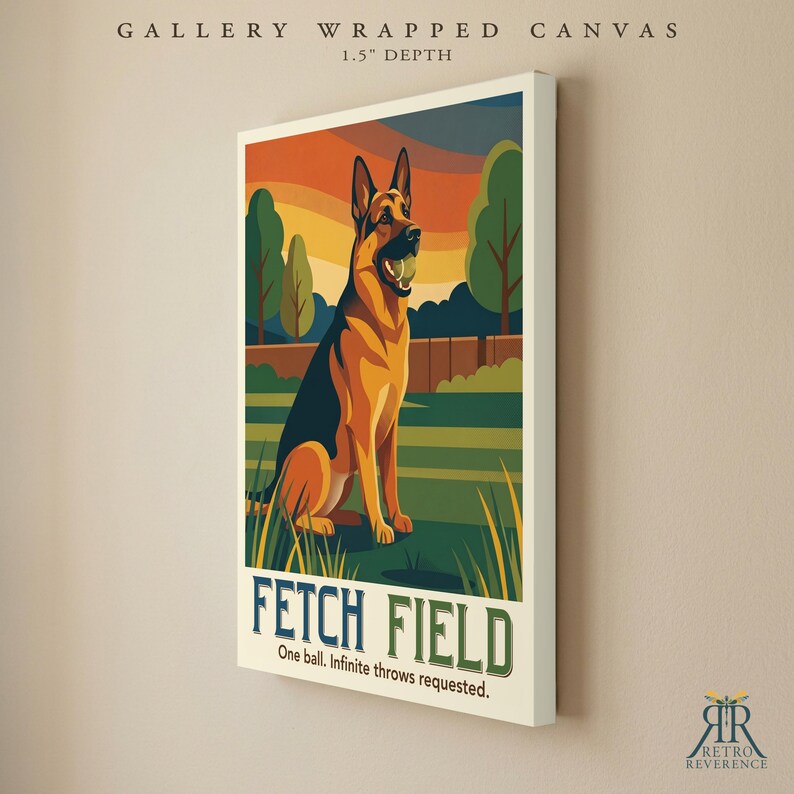 May include: A gallery wrapped canvas with a 1.5 inch depth featuring a German Shepherd holding a ball in its mouth. The artwork displays a sunset landscape with trees and grass. The text reads FETCH FIELD and One ball. Infinite throws requested.