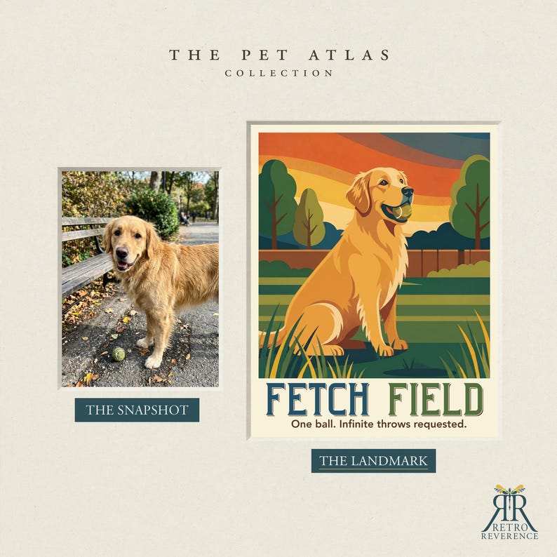May include: A print titled The Pet Atlas Collection featuring a golden retriever in a park. The left side shows a photograph labeled The Snapshot, while the right side displays a graphic illustration labeled The Landmark, Fetch Field, One ball. Infinite throws requested.
