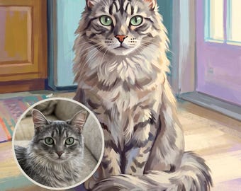 Custom Cat Portrait from Photo, Hungry Cat at Empty Bowl, Funny Kitchen Art, Whimsical Illustration, Cat Printables, Printable Wall Art
