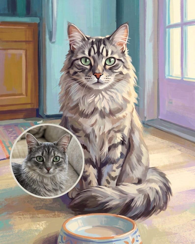 Hangry Custom Cat Portrait from Your Photo, Vintage Style Kitchen Art Digital Download