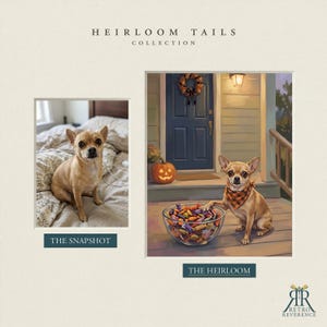 K&ouml;nnte beinhalten: Ein Vergleich nebeneinander mit dem Titel HEIRLOOM TAILS COLLECTION. Links sitzt ein beigefarbener Chihuahua auf einem Bett, beschriftet mit THE SNAPSHOT. Rechts eine Illustration desselben Hundes mit orangefarbenem Karo-Halstuch.