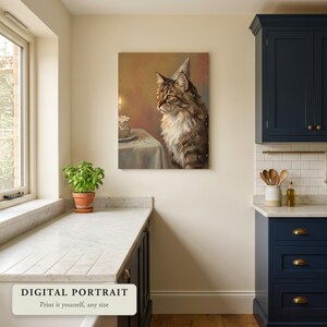 Custom cat portrait of a cat in a party hat beside a birthday cake, hung on a wall in a kitchen, shown as a digital file you print yourself