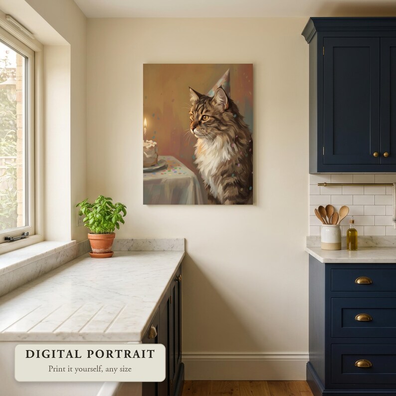 Custom cat portrait of a cat in a party hat beside a birthday cake, hung on a wall in a kitchen, shown as a digital file you print yourself