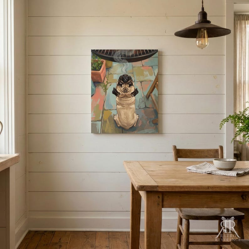 May include: A rectangular wall art print featuring a tan pug sitting on a multicolored stone patio. The pug is positioned below a dark, curved grill lid with visible wisps of smoke rising upward. The artwork uses a painterly style with visible brushstrokes.