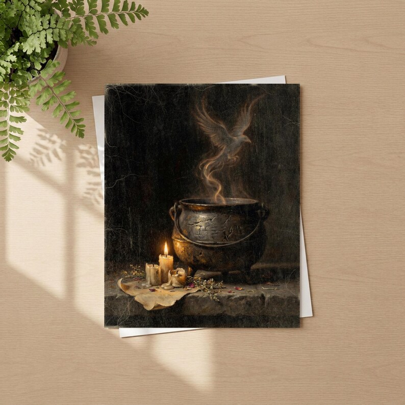 May include: A rectangular art print featuring a dark, textured scene of a metallic cauldron resting on a stone surface. A ghostly, translucent bird figure rises from the cauldron in a swirl of smoke. Three lit candles sit nearby on a piece of parchment.