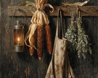 Dried Corn and Apron Printable Wall Art, Vintage Style Thanksgiving Wall Decor, Autumn Illustration, Fall Printables, Primitive Art
