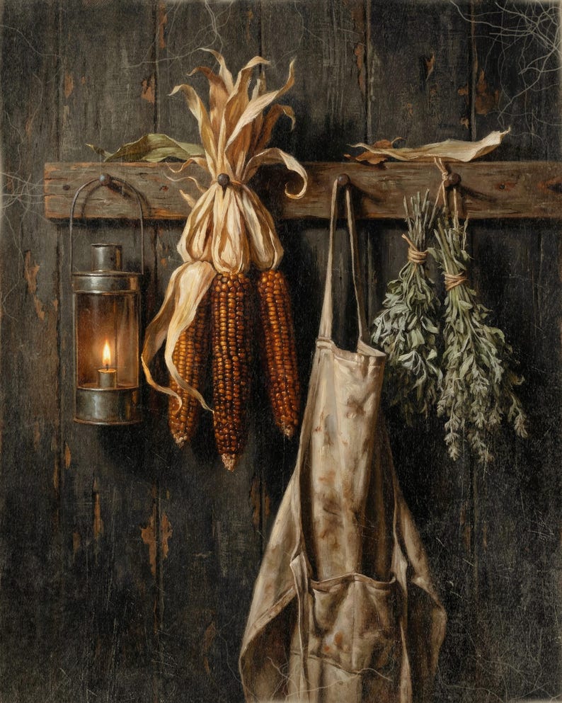 Dried Corn and Apron Art Print, Moody Vintage Thanksgiving Wall Decor, Herbs and Lantern Light, Instant Digital Download