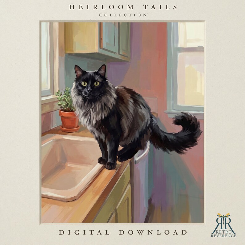 May include: A digital illustration titled Heirloom Tails Collection featuring a long-haired black cat with a white chest patch standing on a kitchen counter next to a small potted plant and a sink, with the text Digital Download at the bottom.
