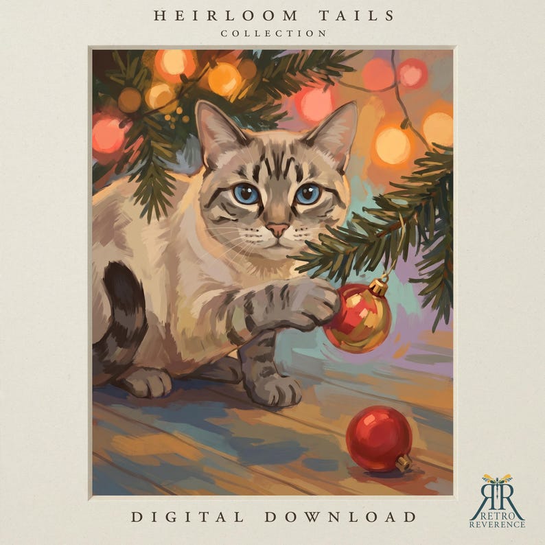 May include: A digital illustration titled Heirloom Tails Collection featuring a light-colored cat with blue eyes playing with a red Christmas ornament hanging from a pine branch. The scene includes warm glowing lights and a red ornament on the floor.