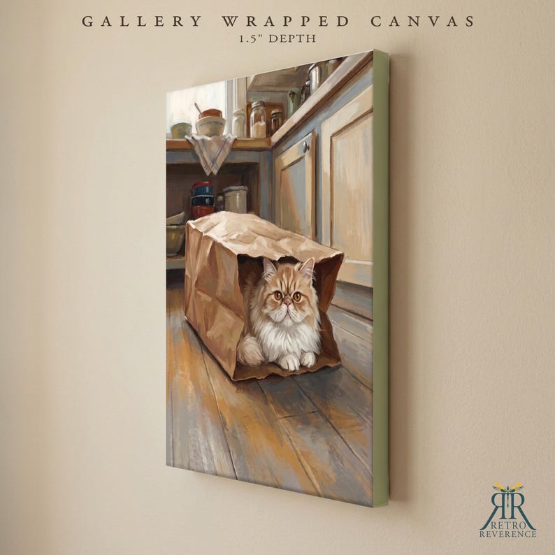 May include: A gallery wrapped canvas with a 1.5 inch depth featuring a painting of a fluffy ginger and white cat sitting inside a brown paper bag on a wooden floor in a kitchen setting with cabinets and kitchenware visible in the background.