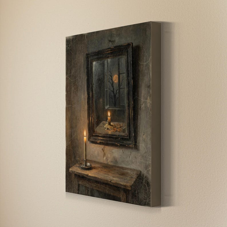 May include: A rectangular canvas wall art print featuring a dark, moody interior scene with a wooden table, a lit candle in a metal holder, and a framed mirror on a textured wall. The mirror reflects a window, a bare tree, and a glowing full moon.