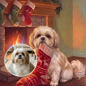 Christmas Dog Portrait from Photo, Dog by the Fireplace, Custom Dog Illustration Digital Download