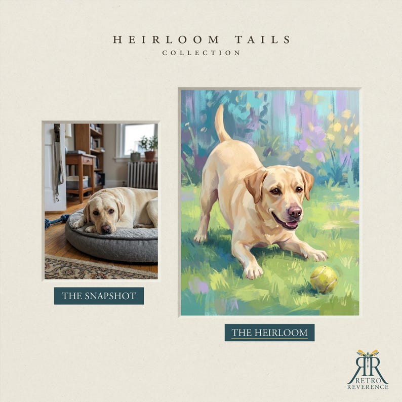 May include: A Heirloom Tails Collection display featuring a photograph labeled The Snapshot of a yellow Labrador on a gray bed and a painting labeled The Heirloom of a yellow Labrador playing with a tennis ball in a green garden.