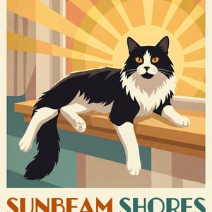 Custom Cat Portrait from Photo, Cat Lounging in the Sunshine, Sunbeam Artwork, Colorful Wall Art, National Park Wall Art, Peaceful Art image 2