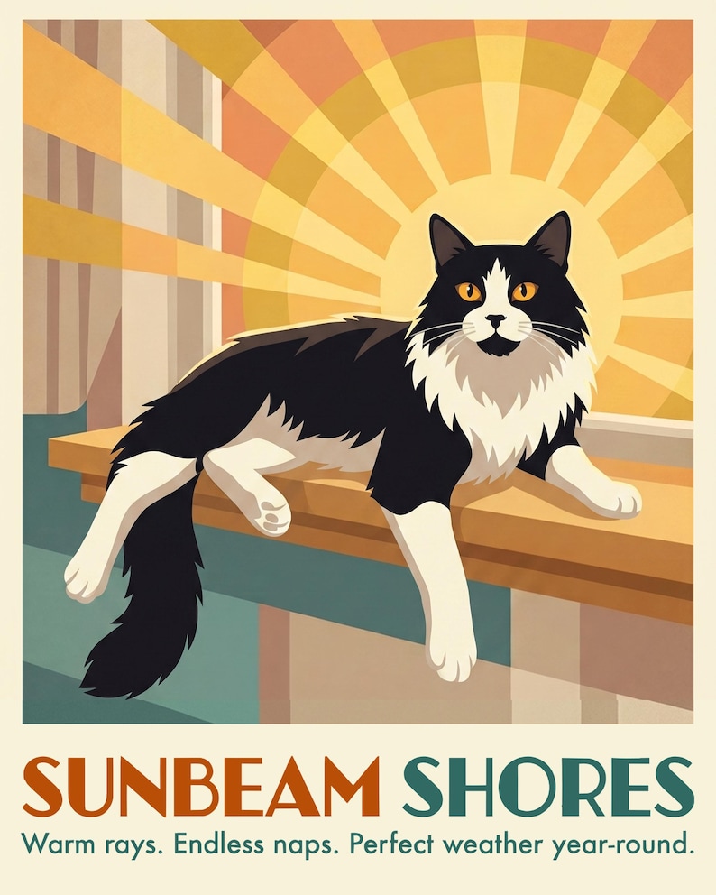Custom Cat Portrait from Photo, Cat Lounging in the Sunshine, Sunbeam Artwork, Colorful Wall Art, National Park Wall Art, Peaceful Art image 2