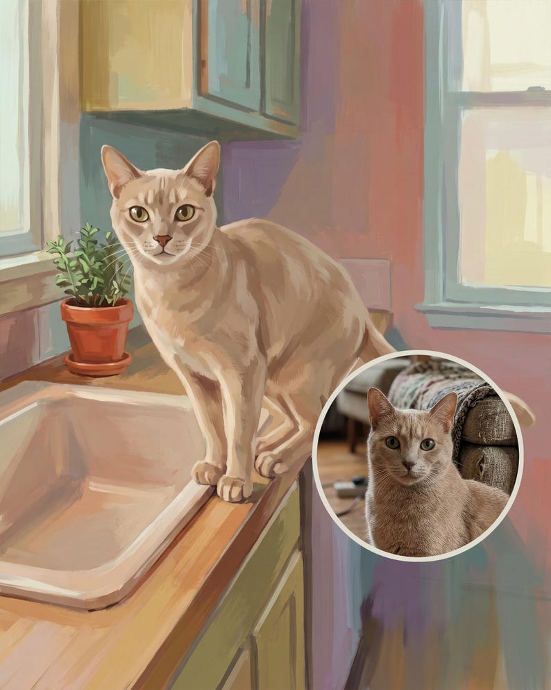 Bold Custom Cat Portrait from Your Photo, Heirloom Kitchen Counter Canvas Print, Cat Canvas Wall Art, Cat on Counter Art