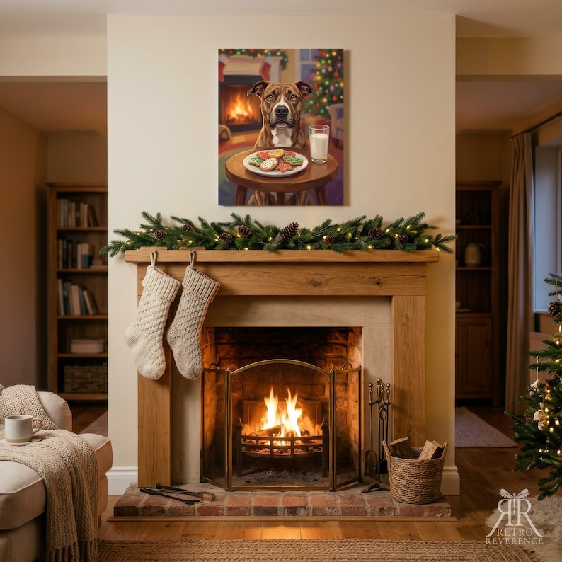 May include: A rectangular wall art print featuring a brown and white dog sitting at a small wooden table with a plate of colorful holiday cookies and a glass of milk, set against a cozy fireplace and Christmas tree background.
