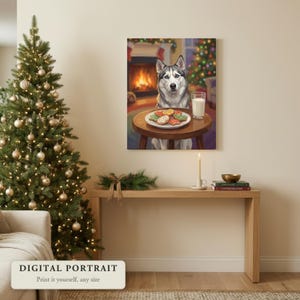 Custom dog portrait of a dog eyeing Santa’s cookies and milk, hung on a wall in a living room decorated for Christmas, shown as a digital file you print yourself